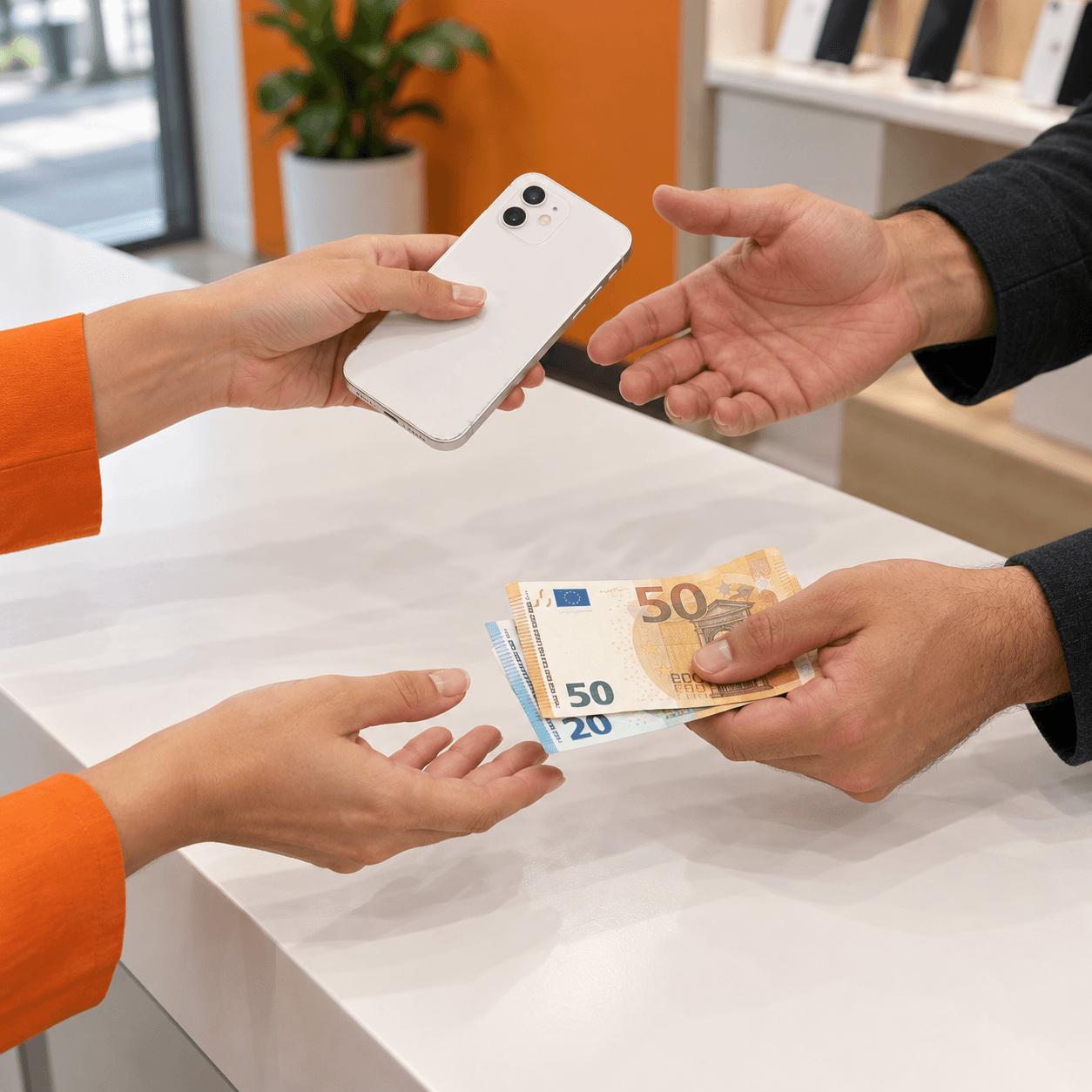 Un cliente entrega su iPhone en el mostrador y recibe el pago en billetes