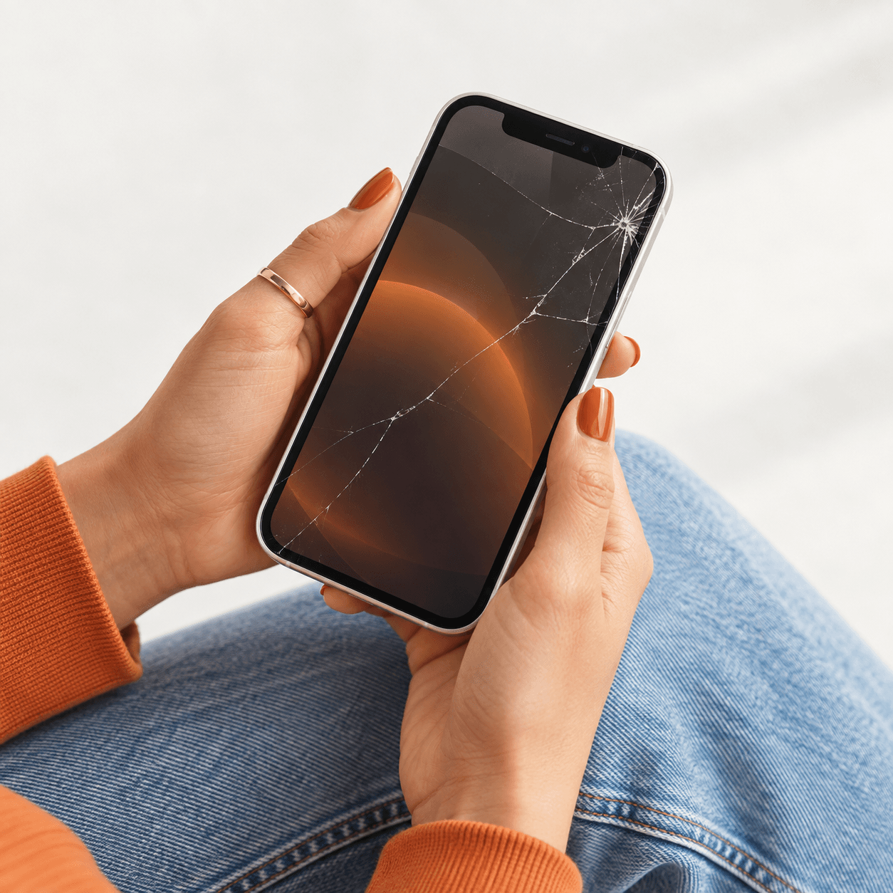 Manos sujetando un iPhone con la pantalla rota